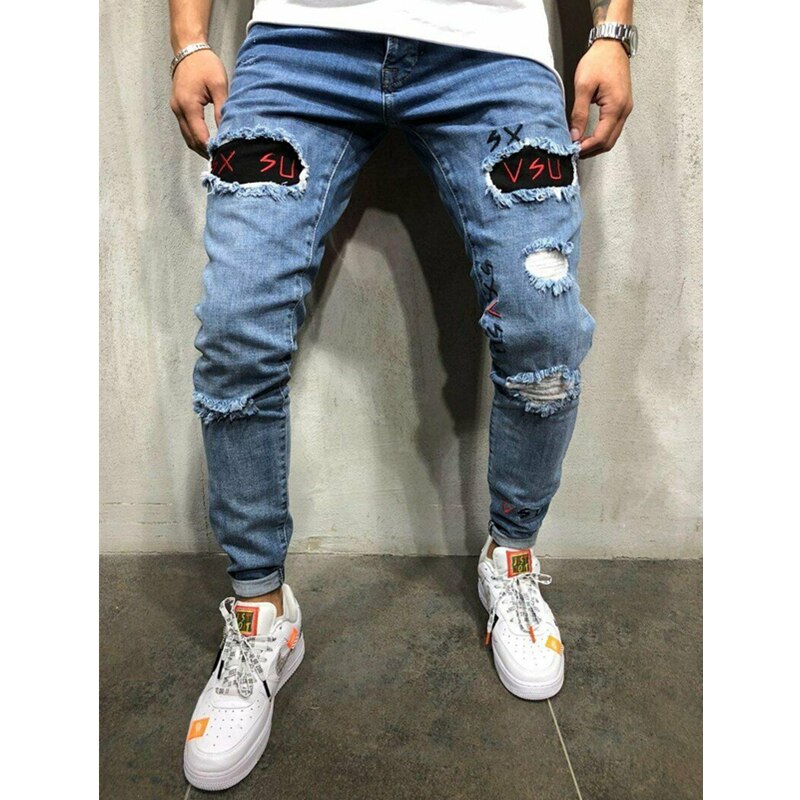 Men Ripped Skinny Jeans Stretchy Destroyed Frayed Slim Fit Denim Jeans Men Male Biker Embroidery Holes Taped Jean Trousers: L
