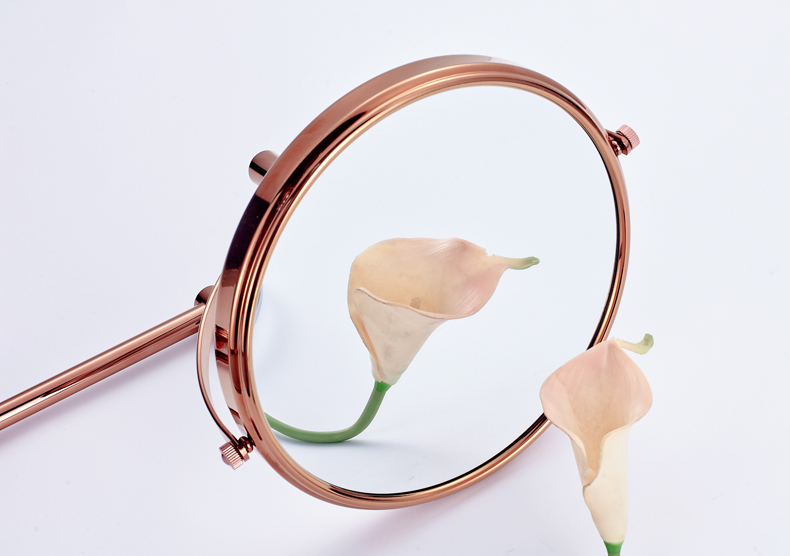 Badeværelse forstørrelses makeup spejl, udtrækkelig foldearm, dobbeltsidet 3x forstørrelse forfængelighed runde spejle, rosa guldfarve