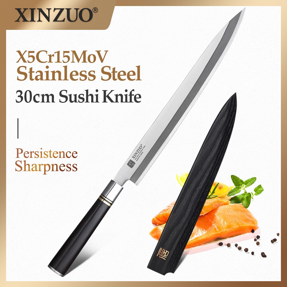 Xinzuo 240/270/300mm kalan fileointiveitsi japanilainen  x5 kr 15 mov ruostumaton teräs pro sushi sashimi lohi keittiöveitsi eebenpuu kahva: 300mm terä