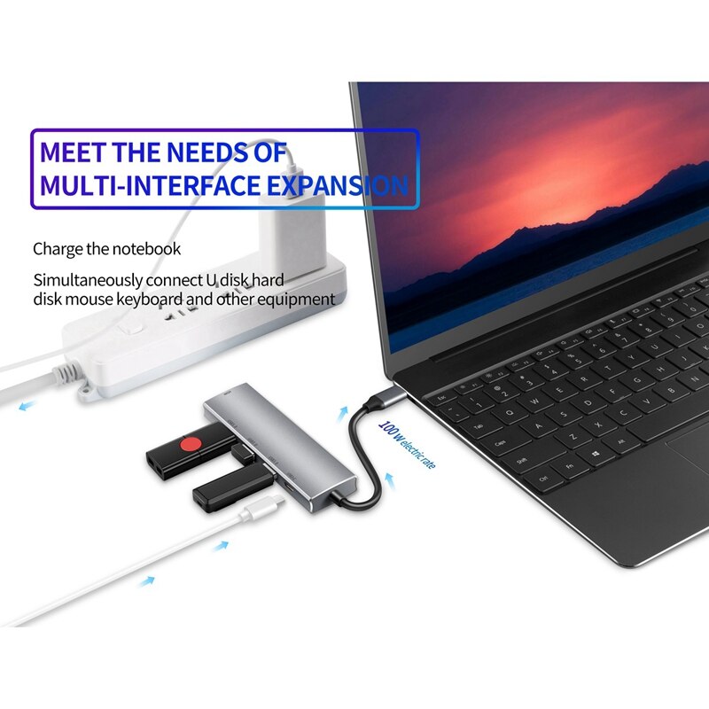 Usb c-hub voor mac-book pro/air, voor ipad pro 5- in- 1 usb c-hub met 4k hdmi- en 60w pd-oplaadpoorten, , 3 usb 3.0- hubs