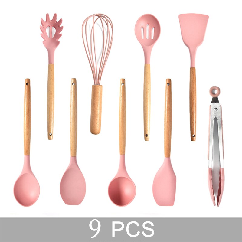 9 Stuks Roze Siliconen Keukengerei Set Non-stick Hittebestendig Bakken Koken Tools Keukengerei Accessoires: 9 PCS