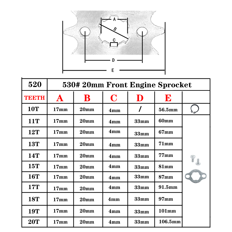 520 10t 11T 12T 13T 14T 15T 16T 17T 18T 19T 20T Dente 20mm ID Pignone motore anteriore adatto fossa bicicletta ATV Parte del motociclo