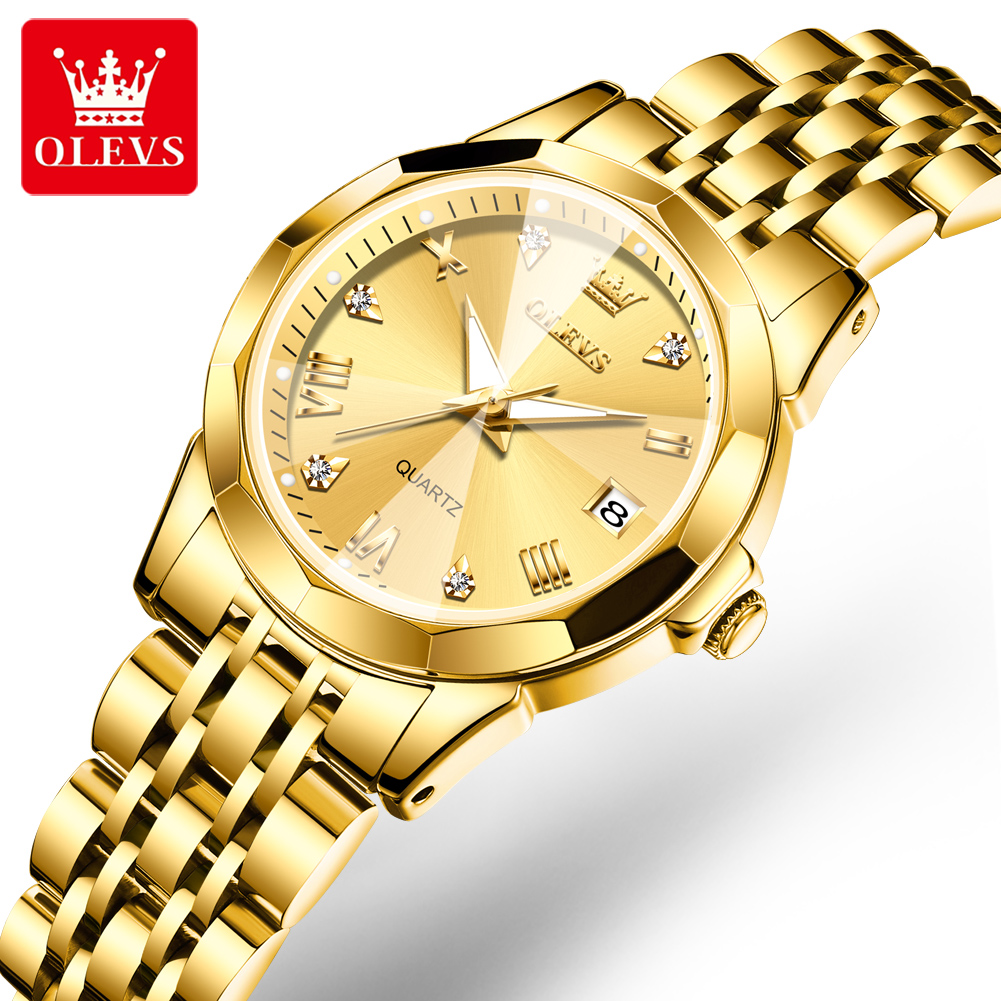 OLEVS-Reloj dorado de lujo para mujer, pulsera de acero inoxidable, , de cuarzo con rombos, resistente al agua: Oro