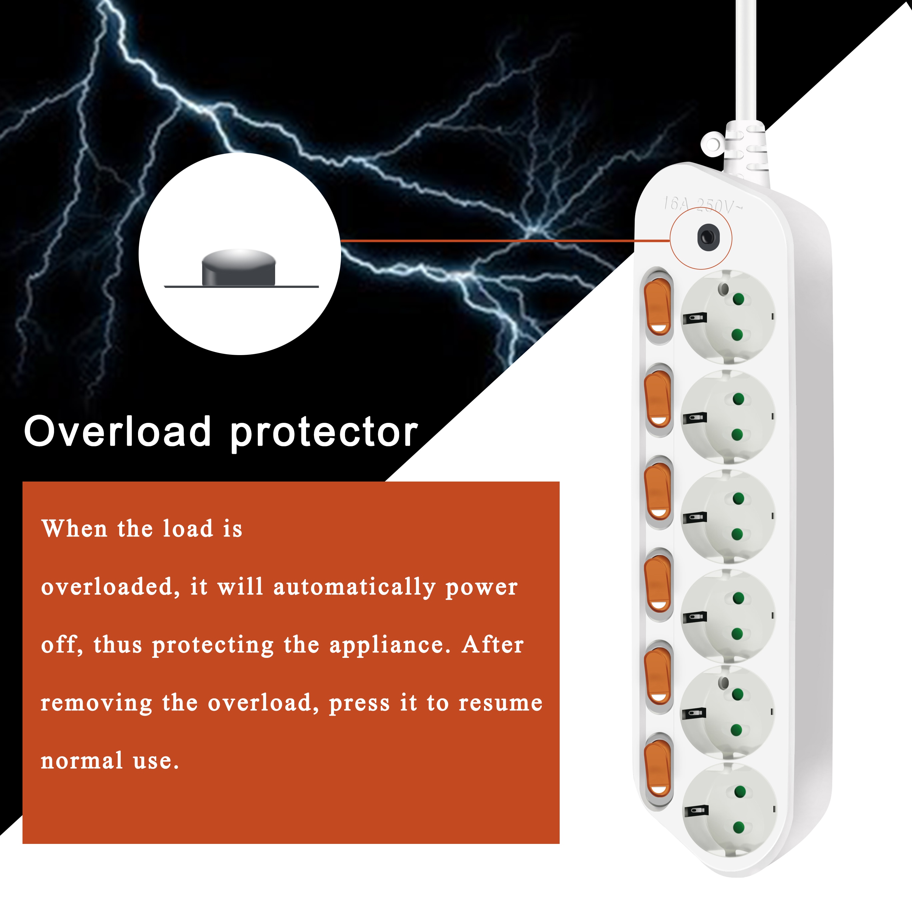 Electrical Socket 16A 250V Switch Separate Control 6AC EU Outlets Socket Germany Power Plug Multiple Power Sockets