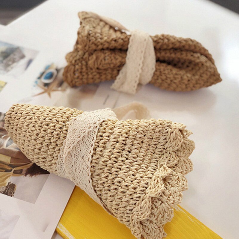 Barns stråhatt bredbremmet lue håndlaget blonder sammenleggbar strandhatt dame sommerhatt baby chapeau femme foreldre-barn lue beig