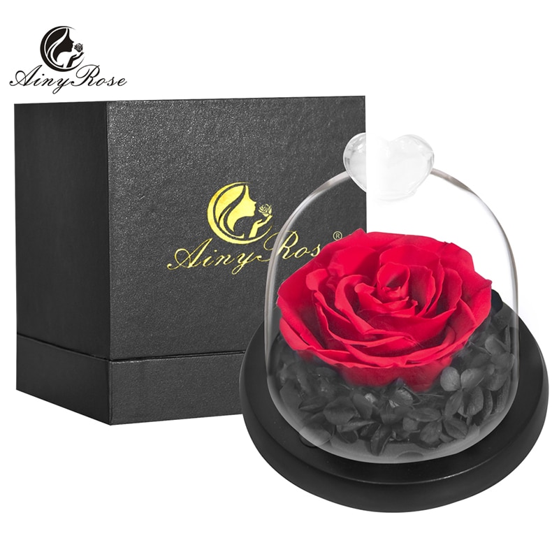 AINYROSE fleur de Rose artificielle en dôme de verre avec lumière LED boîte lampe de nuit Rose éternelle d'anniversaire de mariage pour fille