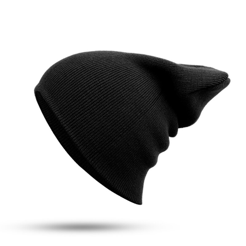 Vinterhuer hue almindelig strikhue efterår vinter varm skimanchet kasket uld blandinger bløde slouchy skull caps huer mænd kvinder: Sort