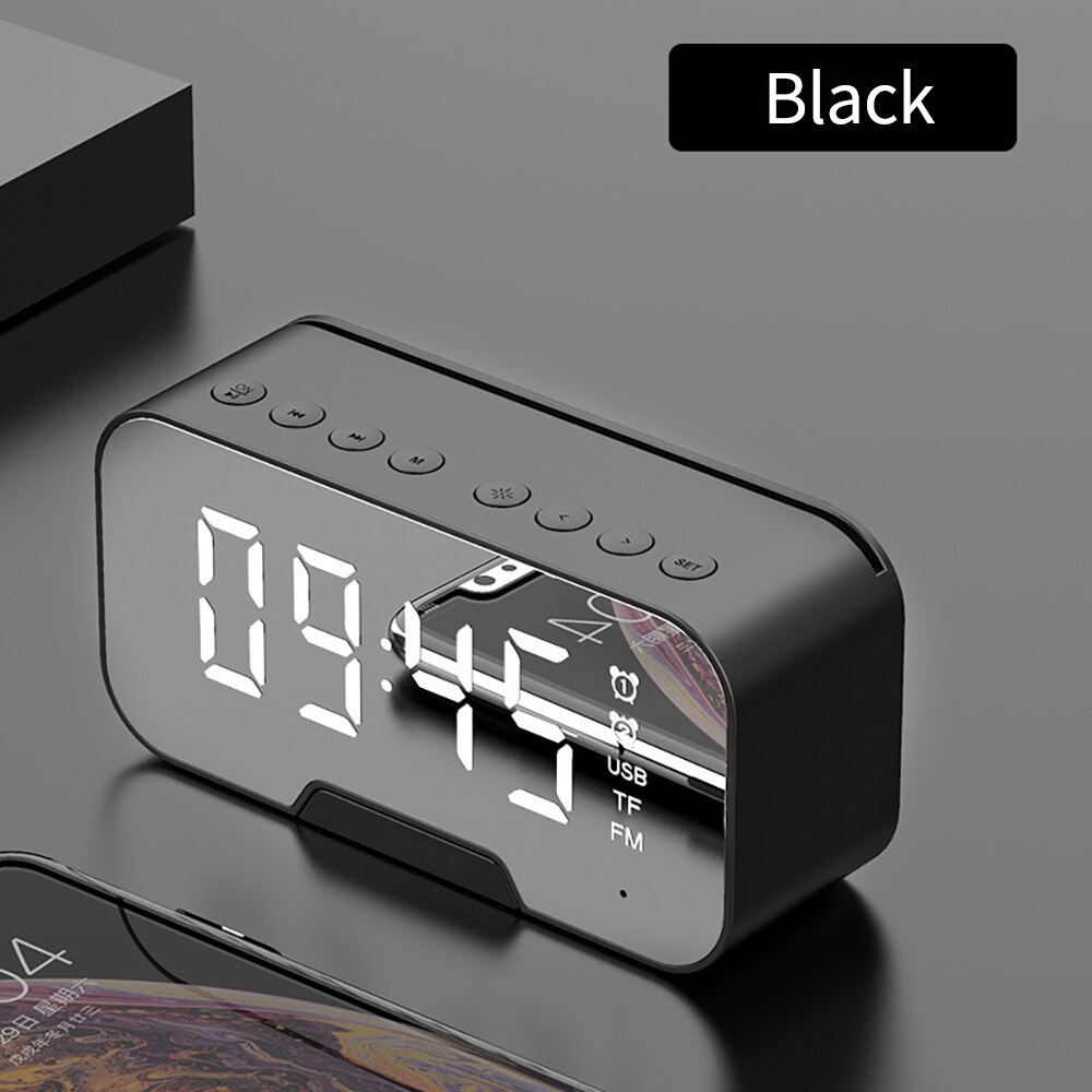 Haut-parleur Bluetooth avec Radio FM LED miroir réveil Subwoofer lecteur de musique Snooze horloge de bureau sans fil: black