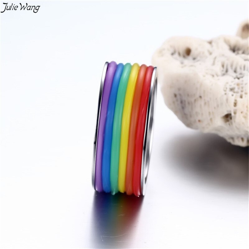 Julie wang 1pc regnbue ring rustfrit stål mænd homoseksuelle ringe lgbt statement smykker tilbehør 6-11us størrelse fine