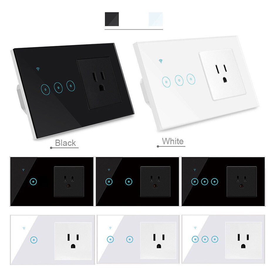 Tuya Smart Life Electrical Socket and Switch WiFi LED Light Touch Wall Switch 3 gang and US Socket Compatible Alexa Google Home