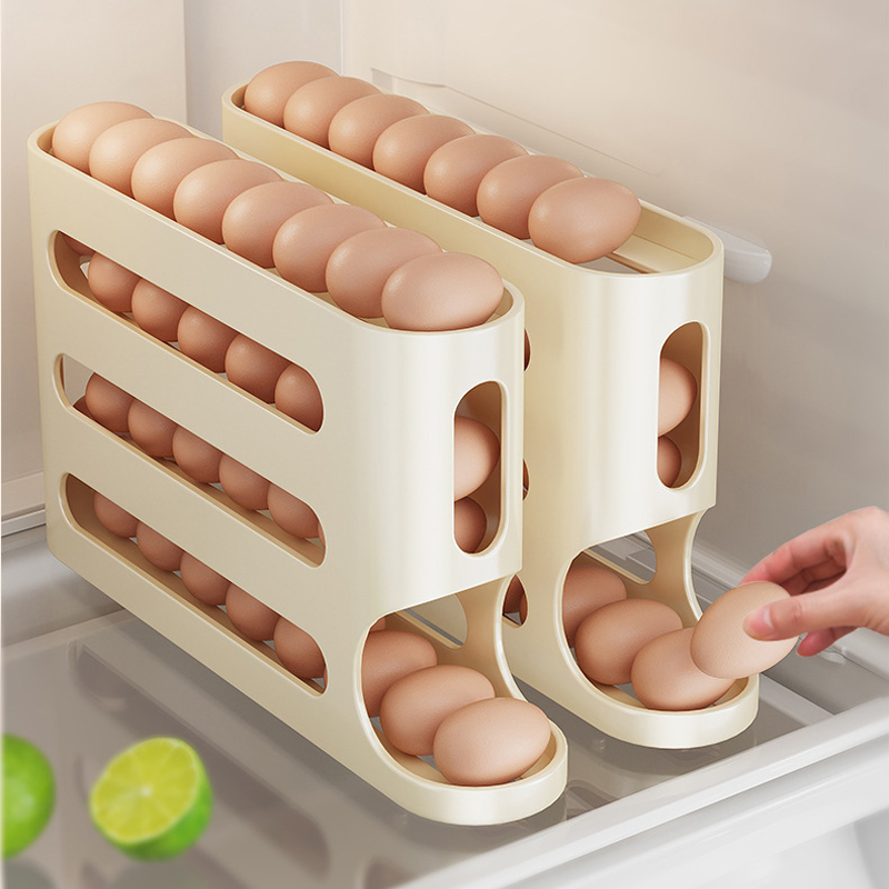Caja organizadora de almacenamiento de huevos de 4 capas para refrigerador, soporte organizador de huevos rodante, organizador de almacenamiento de nevera, contenedor de almacenamiento de alimentos