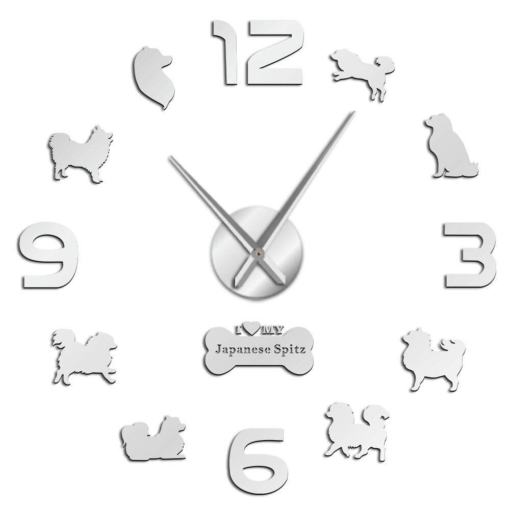 Spitz-Reloj de pared grande de acrílico para mascotas, calcomanías decorativas de pared con japonés de perro, Animal, tienda de cachorros, sin tic-tac: Silver / 37inch