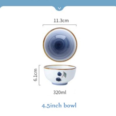 Home Gold Edge Blueberry Ceramic Tableware Heatable Oven Plate Soup Bowl Food Plate For Bread Noodles Salad Bakeware: 4.5inch bowl