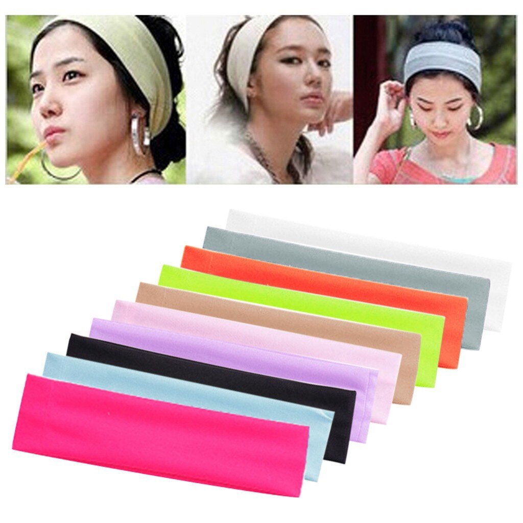 Unisex para hombres y mujeres deporte Sweat Sweatband banda pelo diadema elástico de Color sólido turbante ancho chicas diadema accesorios para el cabello