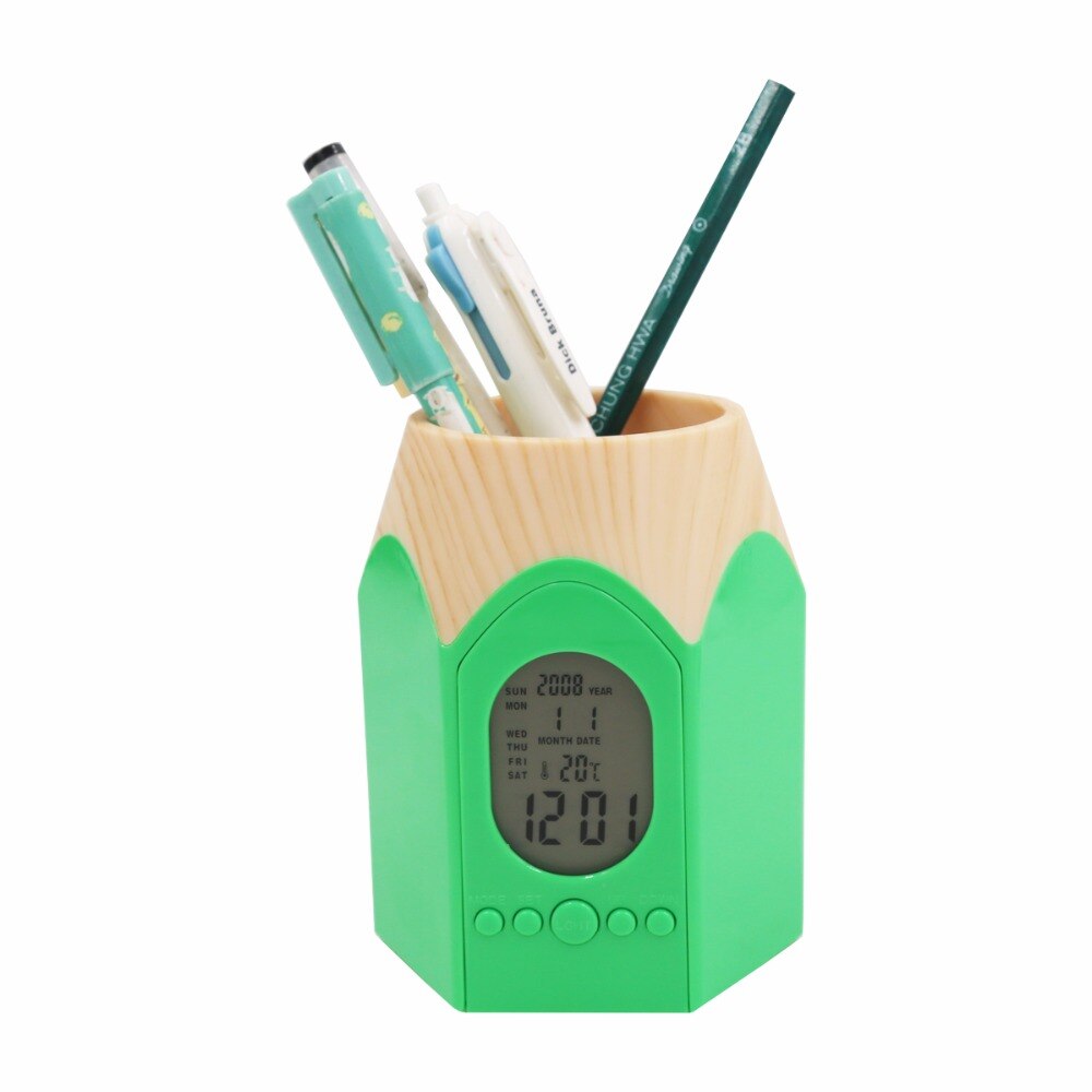 Pencil Head Shape Pen Holder with LED Digital Alarm Clock Multi-function Pencil Pot Table Clock with Office Temperature Calendar
