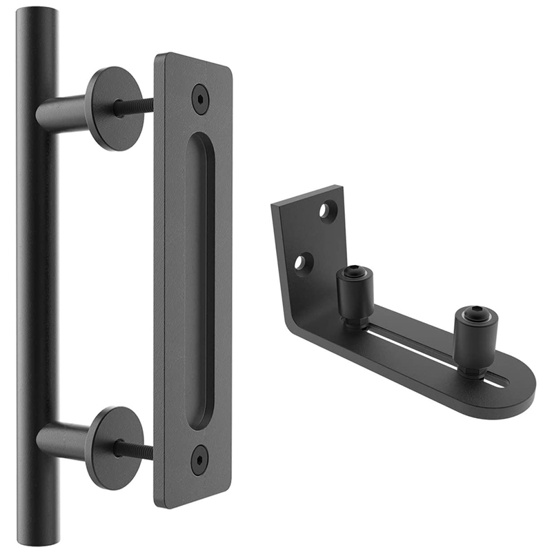 12 Inch Sliding Barn Door Handle Pull And Flush Hardware Set With Barn Door Floor Guide, Rustic Black (1 Set): Default Title