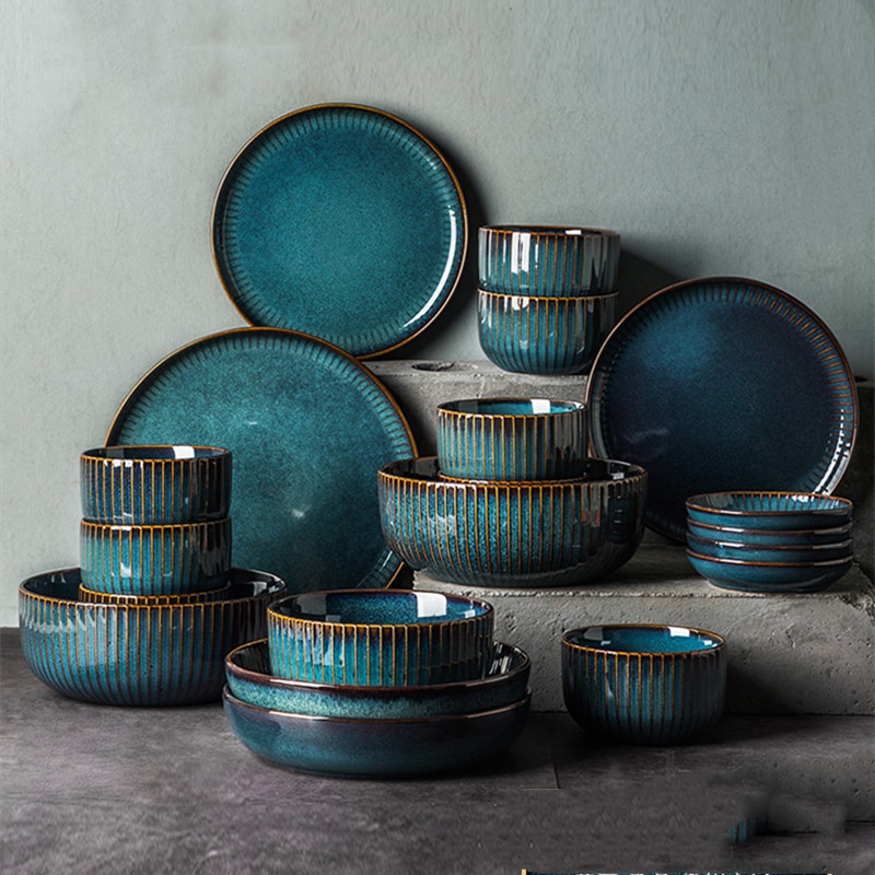 Kiln Glazing Process Ceramic Tableware Creativity Household Kitchen Supplies Blue Vintage Large Soup Bowl Plate Cup Dishes Set