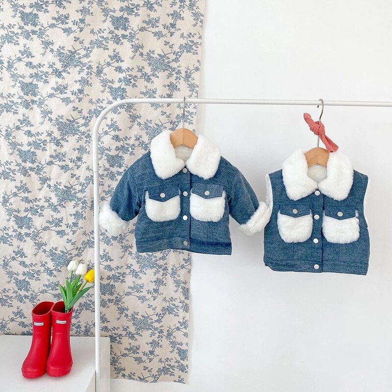 Casaco de bebê inverno engrossado colete da criança roupas do bebê primavera outono 2021 bebê menina menino denim jaqueta mangas compridas cardigan