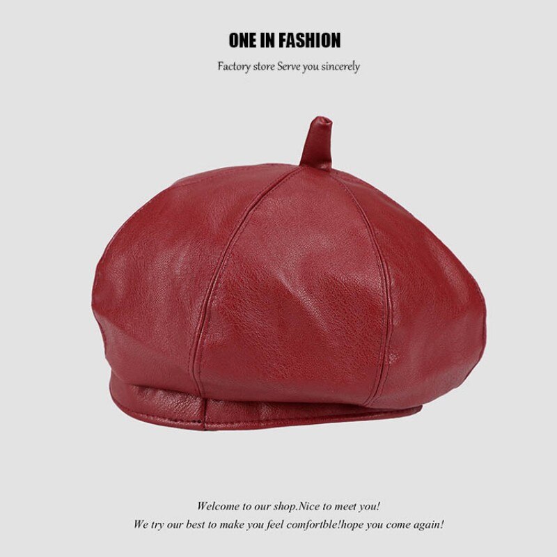 Vintage Women Beret Solid Beret Cap Pu Leather Beret French Artist Warm Beanie Pumpkin Hat Female Ladies All-Match Adjustable: Red