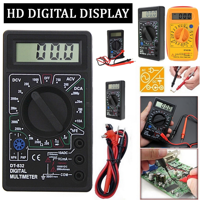 LCD Digital Multimeter Tester Hand Voltmeter Measuring Current Resistance Temperature Meter AC/DC Ammeter Test Lead Probe Test