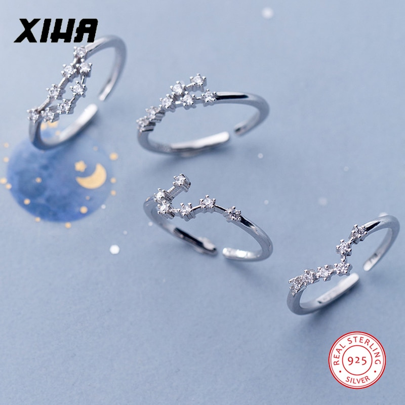 925 anillos de plata esterlina ajustable para mujer, zirconia cúbica, 12 Constelaciones, signo del zodiaco, Aries, Leo, Libra de cáncer