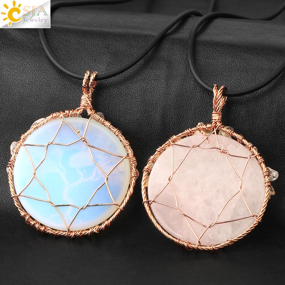 CSJA Natural Cabochon Stone Tree of Life Pendant Rose Gold Color Wire Wrap Chip Bead Wisdom Tree Healing Women Men Necklace G193