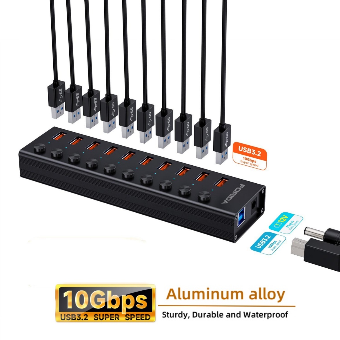 FORIDA 10 puertos USB A 3,2 extensión USB C Hub 10Gbps estaciones de acoplamiento interruptor de encendido/apagado divisor de energía para ordenador portátil Macbook de escritorio