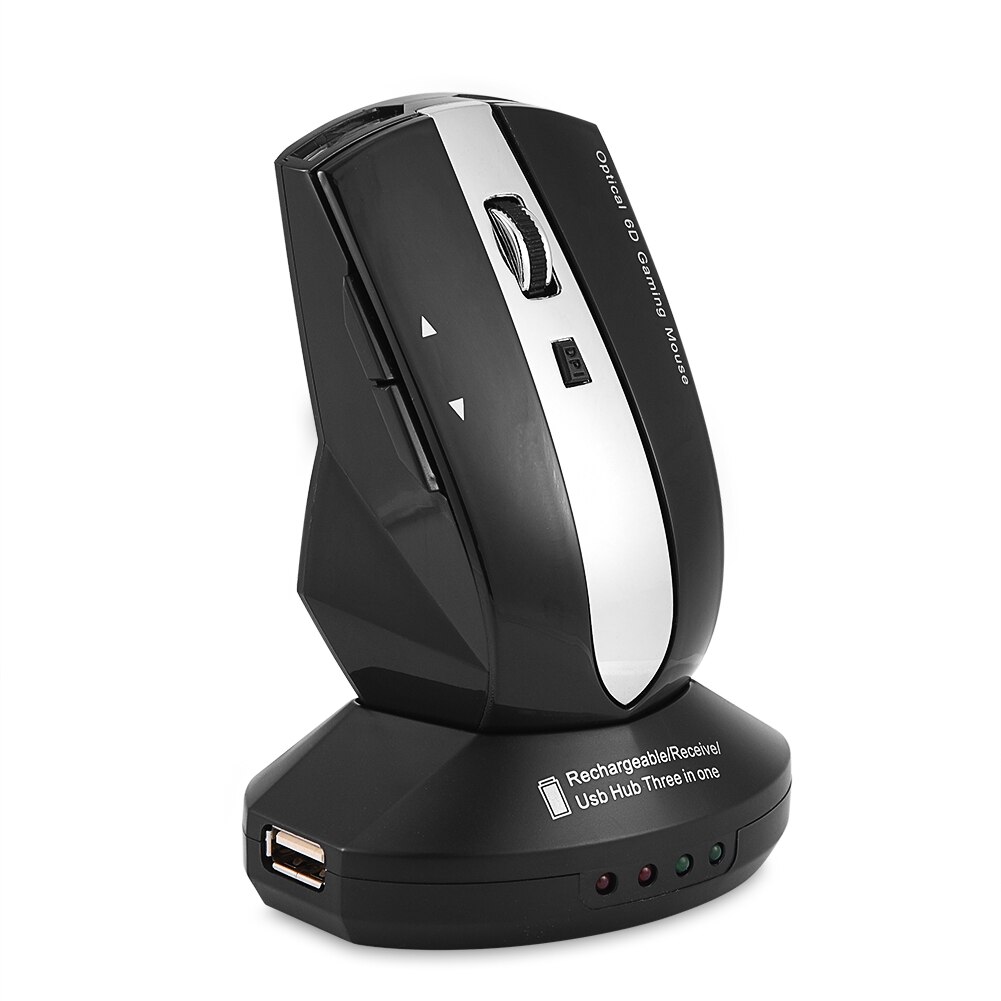 2.4GHz Rechargeable Wireless Optical Mouse Gaming Mice w/ Charging Dock Stand USB Hub Black