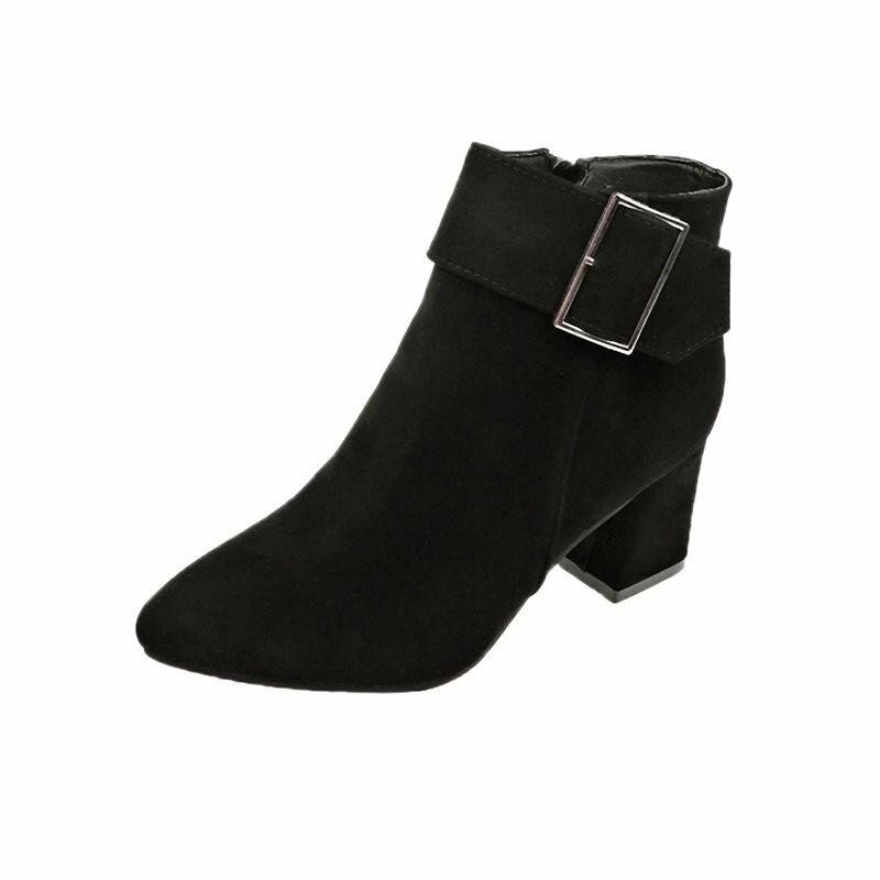 Winter Schoenen Gesp Enkellaarsjes Vrouw Sneeuw Schoenen Faux Suede Booties Wees Teen Blote Laarzen Chunky Hakken Maat 35-40: Black / 35