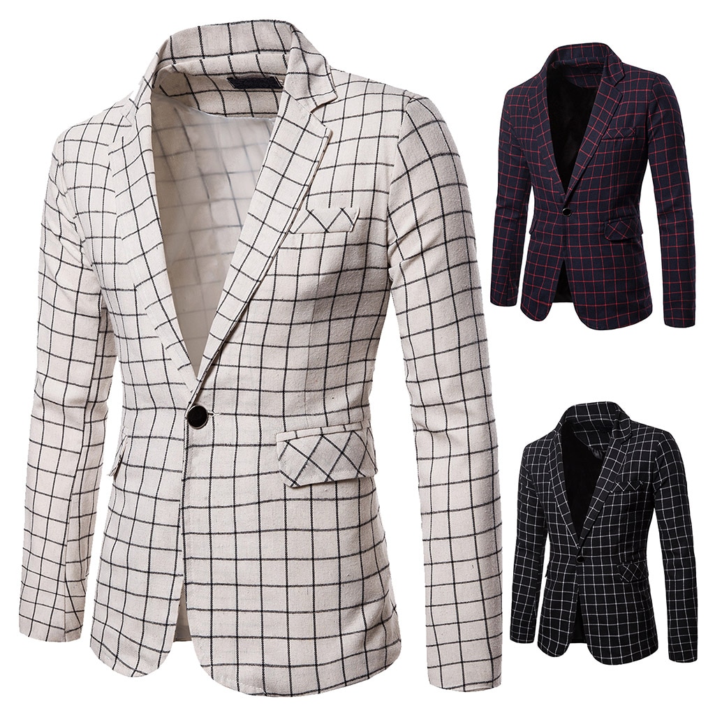 Stylish Male Blazer Suit Jacket Business Casual Single Button Blazer For Men Regular Abrigo Hombre Men Plaid Blazer