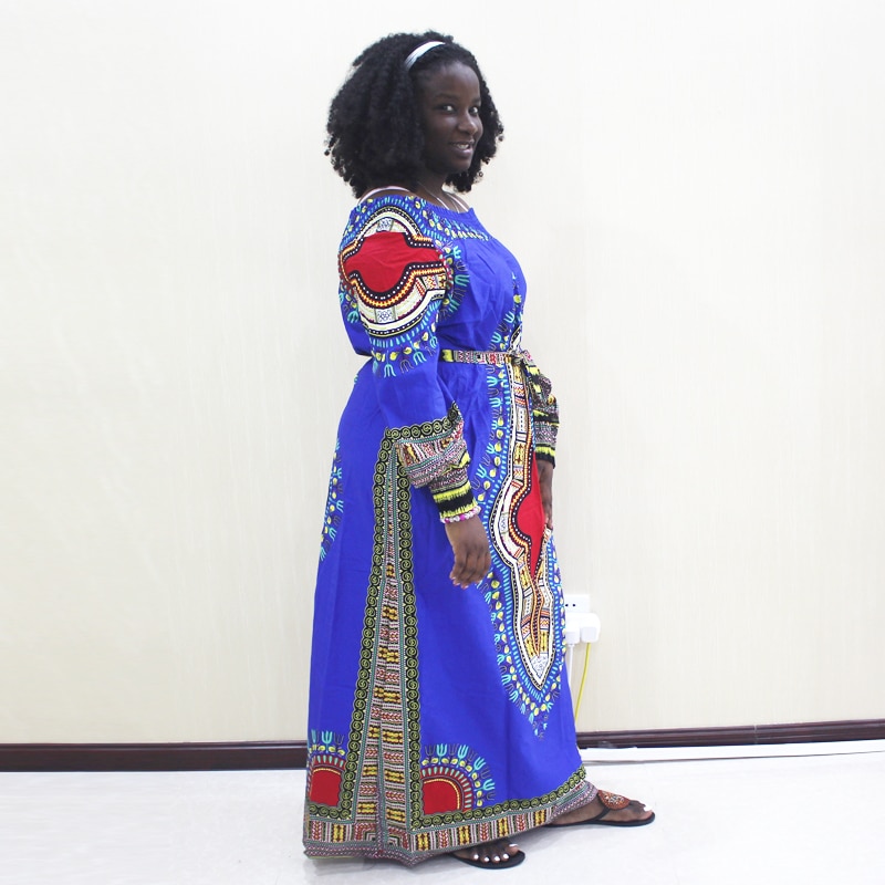 African Dashiki Off Shoulder Long Sleeve Blue Cotton Print Long Dress