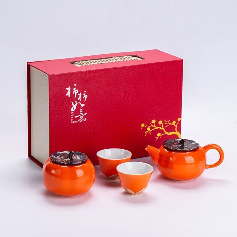 Persimmon Tea Set Chinese Tea Set Tea Pot Tea Can and Cups for Business: 1pot 1can 2cups