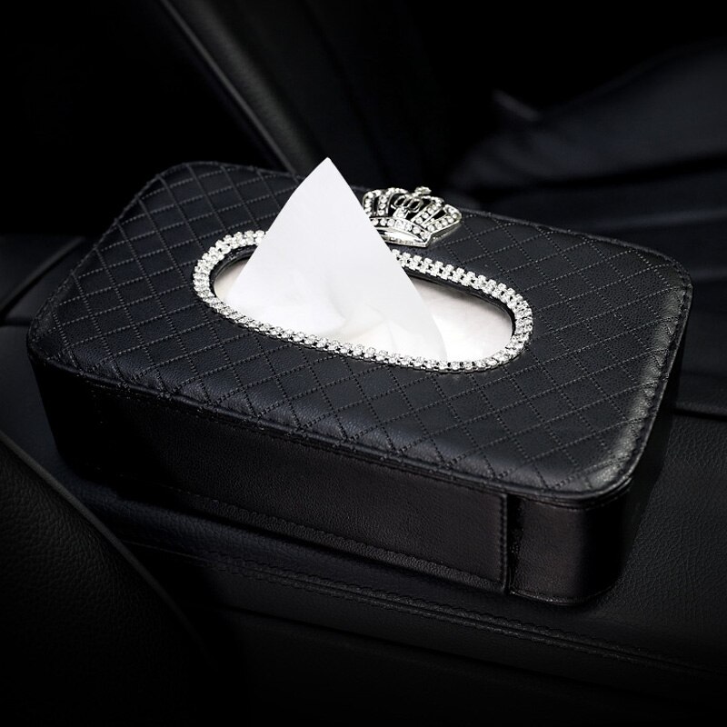 Krystal krone sløjfe bil tissue box læder tissue holder auto sæde ryg nakkestøtte hængende papirpose diamant til biltilbehør