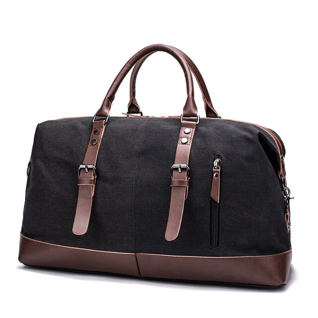 Canvas Leather Men Travel Bags Carry on Luggage Bag Men Duffel Bags Travel Tote Large Weekend Bag Overnight Male Handbag: Black