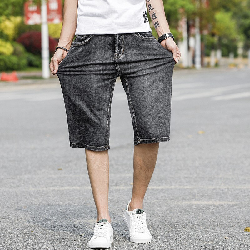 Pantalones cortos de tela vaquera para hombre, Bermudas Capri hasta la rodilla, color gris, talla grande, 38, 40, 42 y 44, para verano,