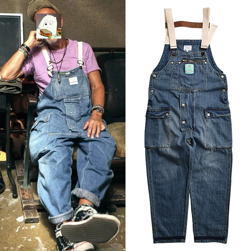 Man Harajuku Hip Hop Denim Bib Overalls Loose Fit Workwear Cargo Jeans Jumpsuits With Multi Pockets Suspender Pants