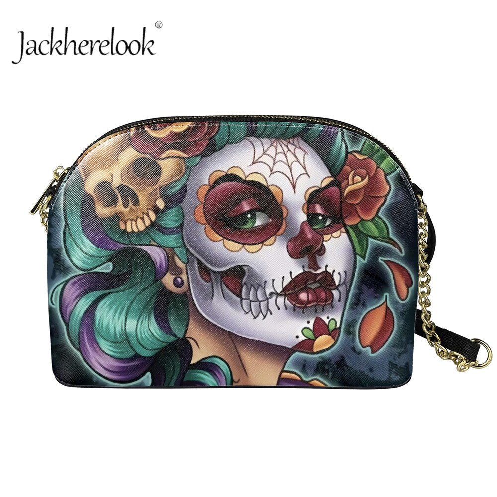 Jackherelook dames mini crossbody handtas met rits, gotisch schedelpatroon, pu leren dames outdoor schoudertas met kettingen: Hqcb 5003 d 49
