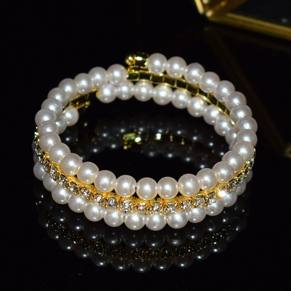 Bracelets multicouches élégants en cristal pour femmes, Imitation perle, plaqué or et argent,: 3 rows of gold