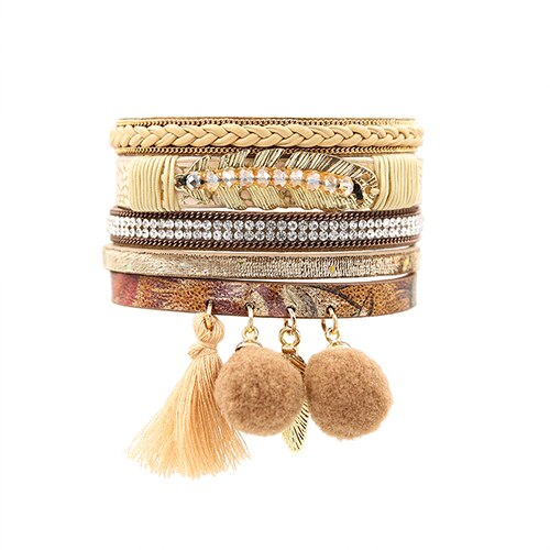 STRATHSPEY – ensemble de bracelets en strass pour femmes, plusieurs rangées, pompon, boule de fourrure, PU mousse, Bracelet, perles feuille d&#39;or, pendentif Olive: Beige