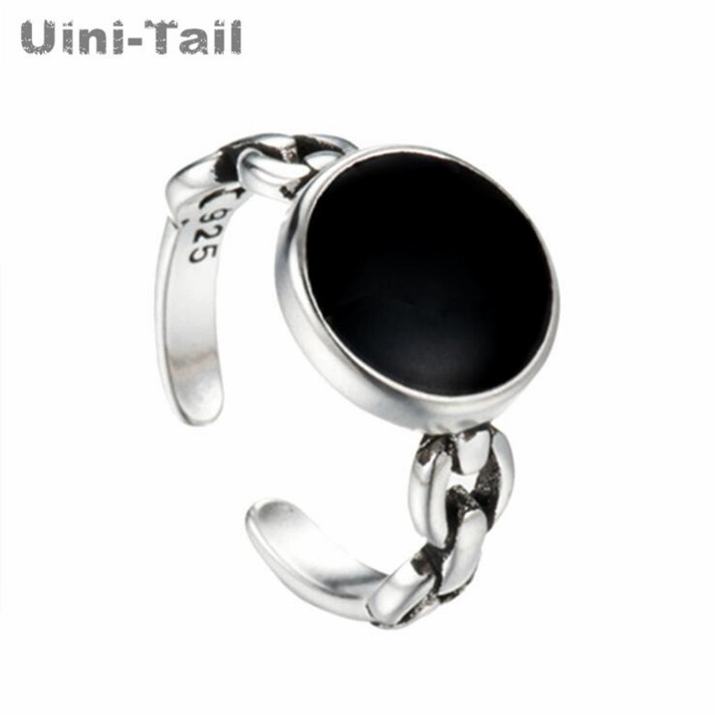 Uini-Tail 925 Plata Simple negro redondo abierto anillo personalidad tendencia Retro alta joyería de ED673