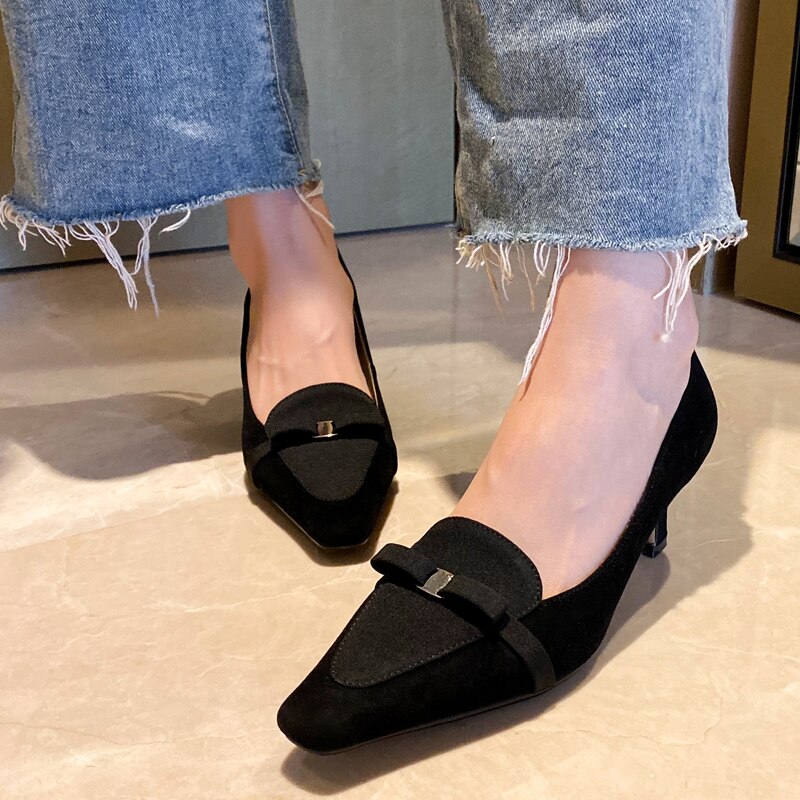 Suede Leather Hoof High Heel Woman Pumps Pointed Toe Party Lazy High Heel Shoes Ladies Black Brown