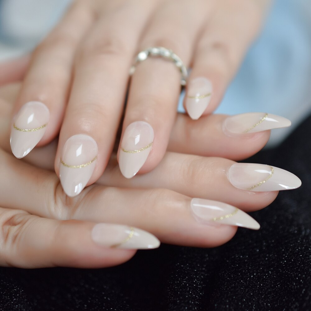 Faux ongles style français, , Beige, naturel, mi-stiletto, or, ligne de sourire, pointes de manucure conçues