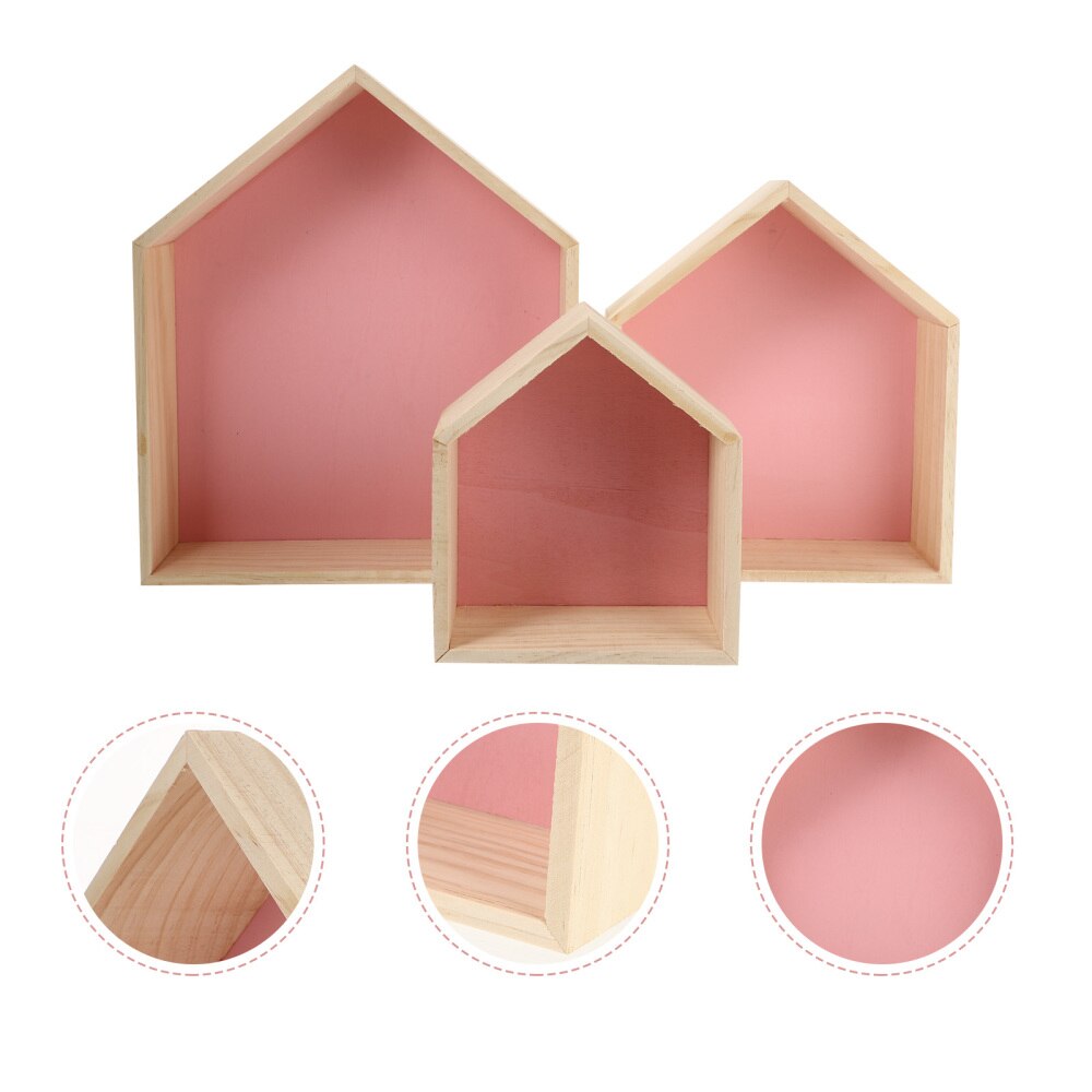 3pcs Wood House Shape Storage Racks Multifunction Wall Shelves for Home: Pink