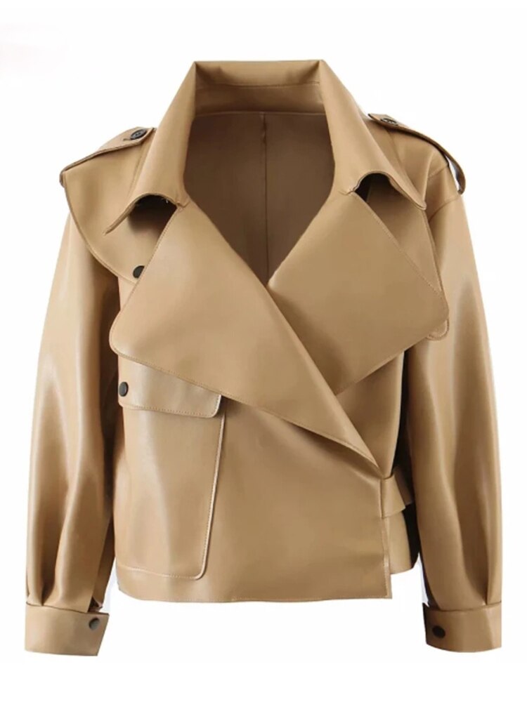 Aelegantmis sort kort løs pu læderjakke efterår vinter blød kunstlæder jakke street casual outwear damer biker jakke: Khaki / S