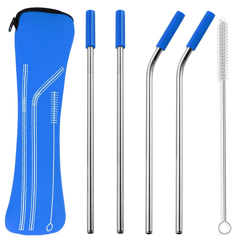 1 set Reusable Stainless Steel Straws Straight Bent Drinking Straws with Silicone Tips Cold Beverage Metal Drinking Straw: dark blue 4pcs