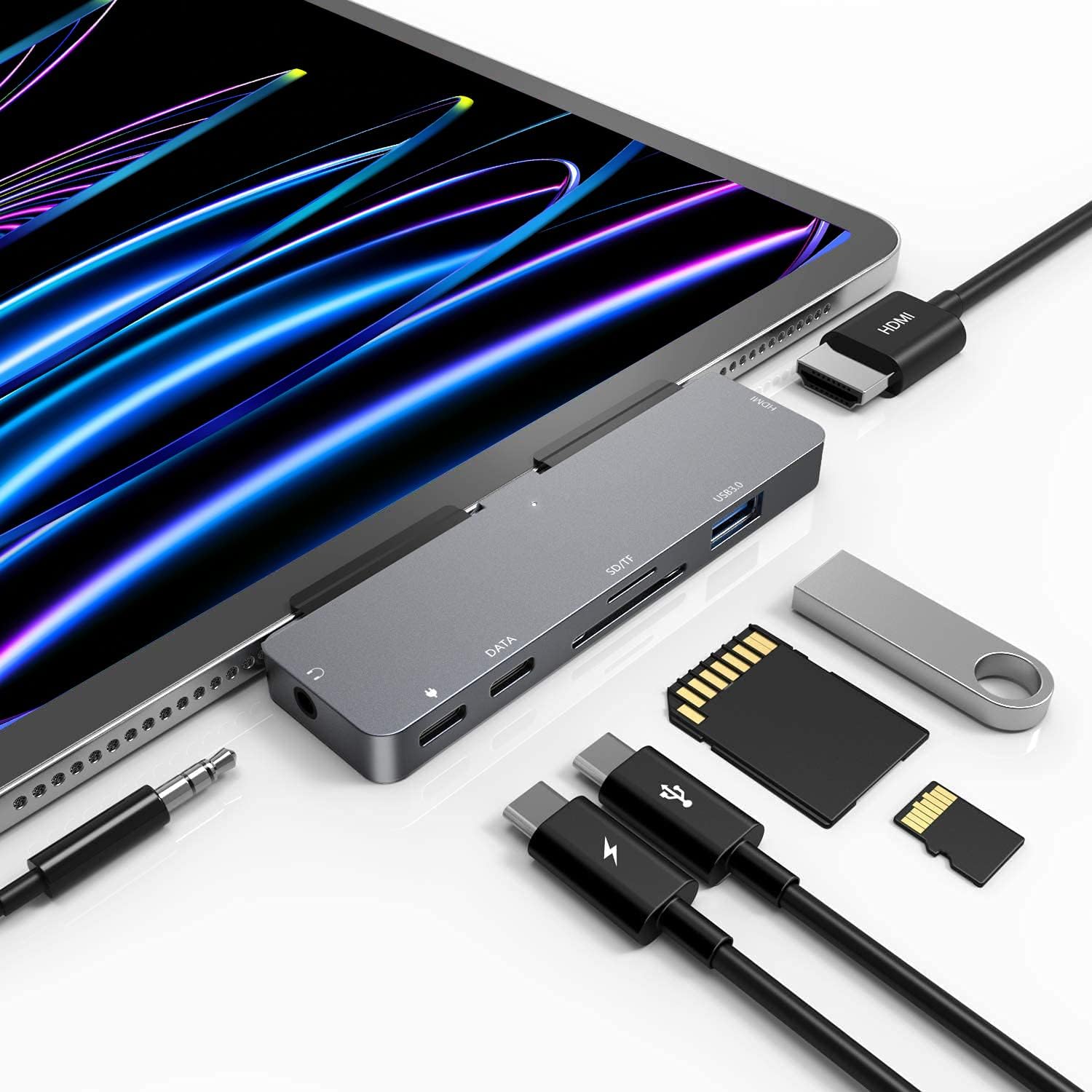 USB C HUB for iPad Pro 7-in-1 Adapter iPad Pro 12.9 11 inch iPad Air 5 4 Docking Station with 4K HDMI, USB-C PD, SD/TF Card Read