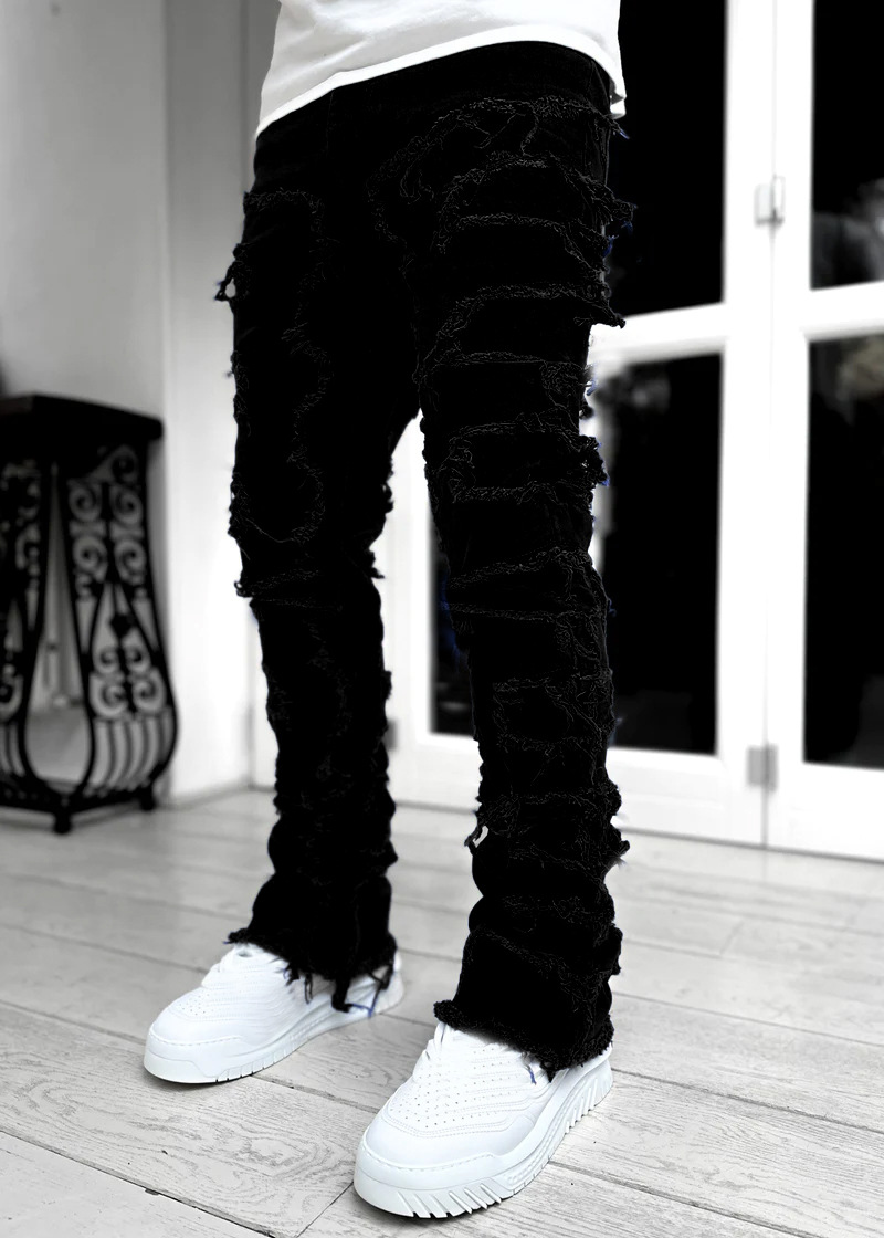 Stretch patch herrejeans  y2k patchwork kvaster dekoration lige denimbukser til mænd hiphop jeansbukser: L / Grøn