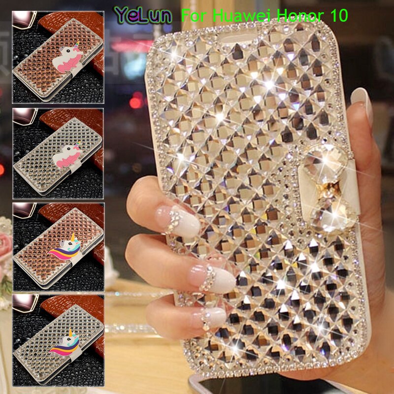YeLun Voor Huawei Honor 10 3D Bling Luxe Crystal Rhinestone Strik Eenhoorn Diamant Flip PU Leather Cover Case