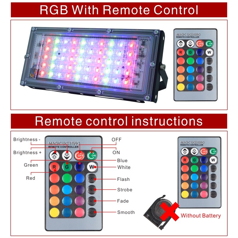 Led-schijnwerper 50W 220V Buitenschijnwerper IP65 Waterdichte LED-straatlantaarn Koud/Warm wit Rood Groen Blauw RGB Spotlight