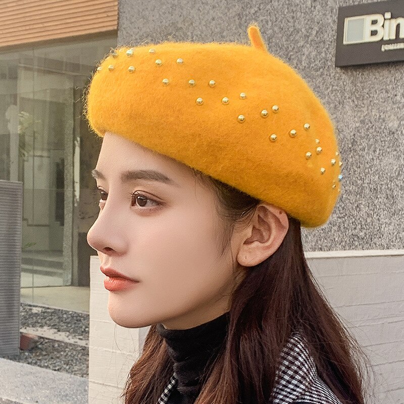 Femmes bérets métal clou perceuse laine couleur unie chapeaux femme Bonnet casquettes dames automne hiver marche chapeau Casquette